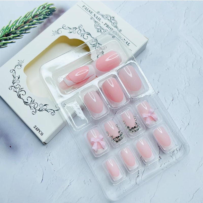 LRKNNO French Tip Press on Nails Short Square, LRKNNO Pink Fake Nails with Charms Designs Cute Glue on Nails White Nail Tips Full Cover Acrylic Nails Bows False Nails for Women Girls DIY Manicure Salon 24Pcs - Image 3